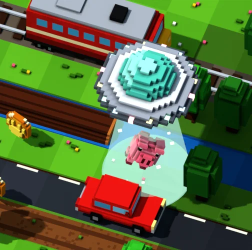 A voxel UFO beams up a piglet beside a train and a red car in IsoHopper